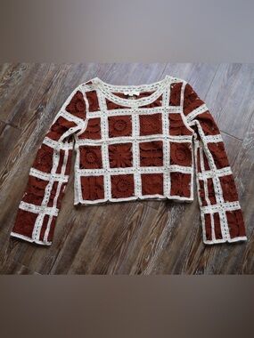 Rebellion Again Womens Girly Cottagecore Boho Indie Crochet Sweater Rust Small